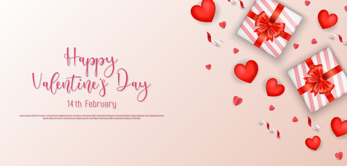 14 th February - Happy Valentine's Day banner template design with decorative and colorful hearts.