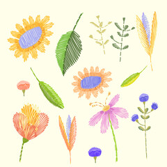 A set of plant elements - leaves, flowers in the style of embroidery icons for design. Vector illustration
