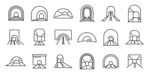 Tunnel icons set outline vector. Rail track - obrazy, fototapety, plakaty