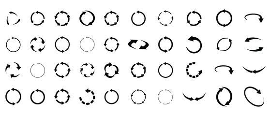 40 arrow pictogram refresh reload rotation loop sign set. circular arrows. Simple web icon on white background	