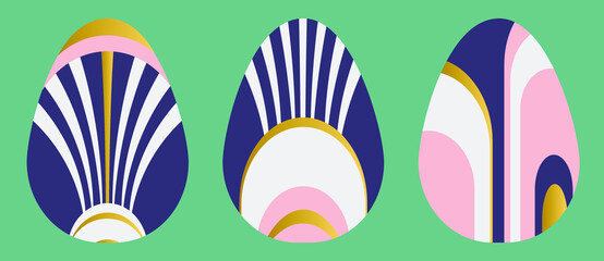 Luxurious Easter Eggs in Art Deco style. Set of 3 Easter Eggs with pattern. Abstract objects for design for Stickers, holiday cards, decor, posters, invitations. Easter collection with flat design. EP