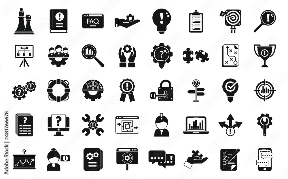 Poster problem solving icons set simple vector. business brainstorming