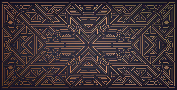 Vector abstract geometric golden background. Art deco wedding, party pattern, geometric ornament, linear style with leaves. Horizontal orientation luxury decoration element.