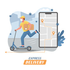 The concept of express delivery in a pandemic. A courier man in a medical mask rides a scooter around the city with a package. Vector illustration.