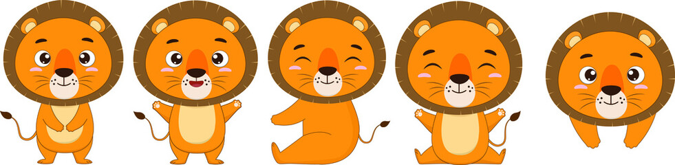 Cute little lion cubs. Set of cartoon lion on a white background. Elements for design or print. Vector illustration.