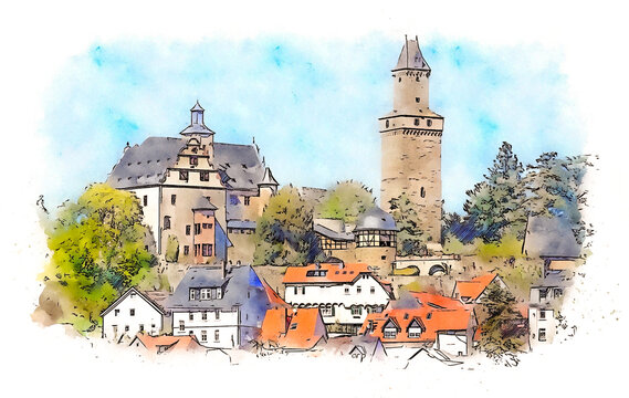 Castle Kronberg, a High Middle Ages Rock castle in Kronberg im Taunus, Hesse ,Germany, watercolor sketch illustration.
