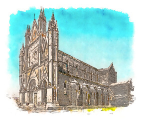 Orvieto Cathedral (Duomo di Orvieto), 14th-century Roman Catholic cathedral dedicated to the Assumption of the Virgin Mary and situated in the town of Orvieto in Umbria, Italy, watercolor illustration - obrazy, fototapety, plakaty