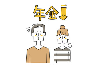 年金受取額減少に不安を感じる夫婦　コミカルな手書きの人物　ベクター線画にシンプルな色つけ　