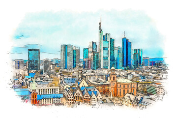 Frankfurt am Main Cityscape, Germany, color sketch illustration. - obrazy, fototapety, plakaty