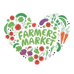 Hand drawn vegetables in the heart and lettering farmer market. Organic vegan food and healthy food. Vector illustration  in flat style