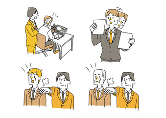 ビジネスシーンにおけるトラブルに関してのコミカルな手書きの人物　ベクター、線画にシンプルな色つけ　