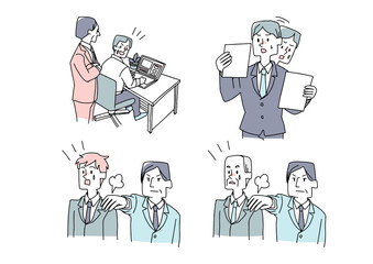 ビジネスシーンにおけるトラブルに関してのコミカルな手書きの人物　ベクター、線画にシンプルな色つけ　