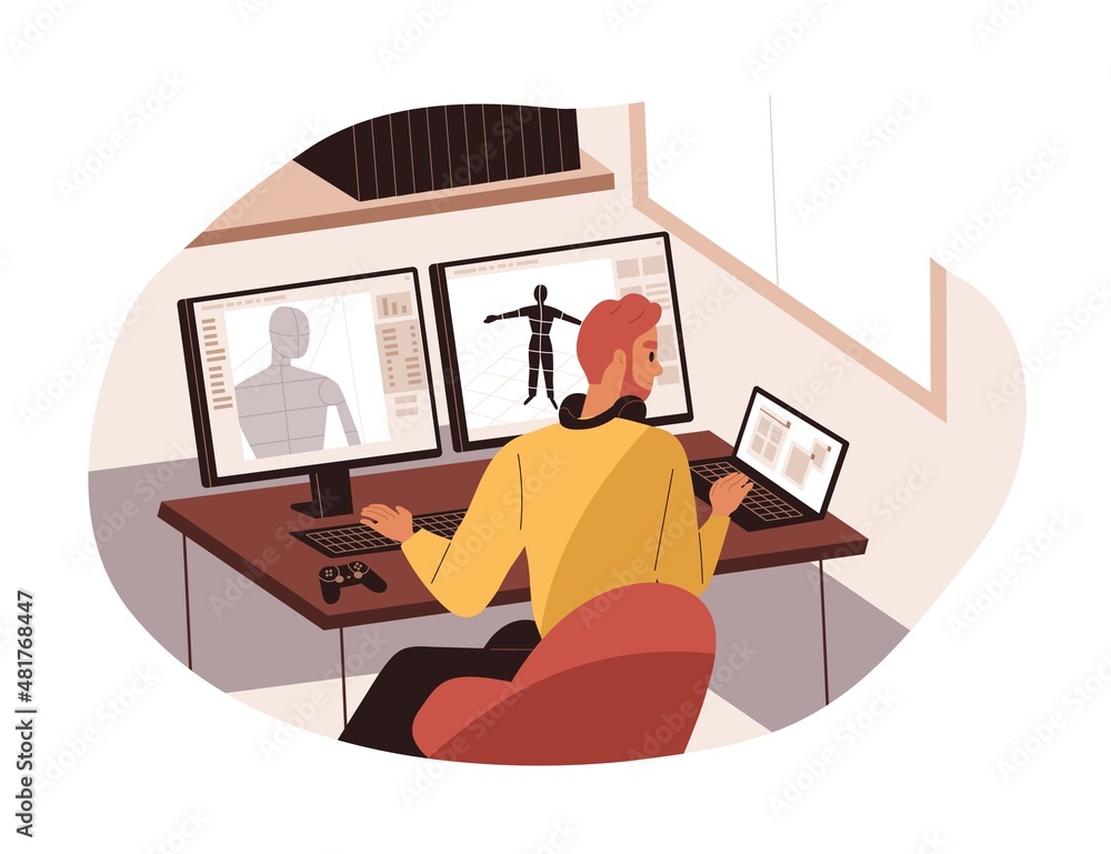 Poster 3d artist drawing model with desktop and laptop computers. Digital creator working at desk. Creative person during work process at PC screens. Flat vector illustration isolated on white background