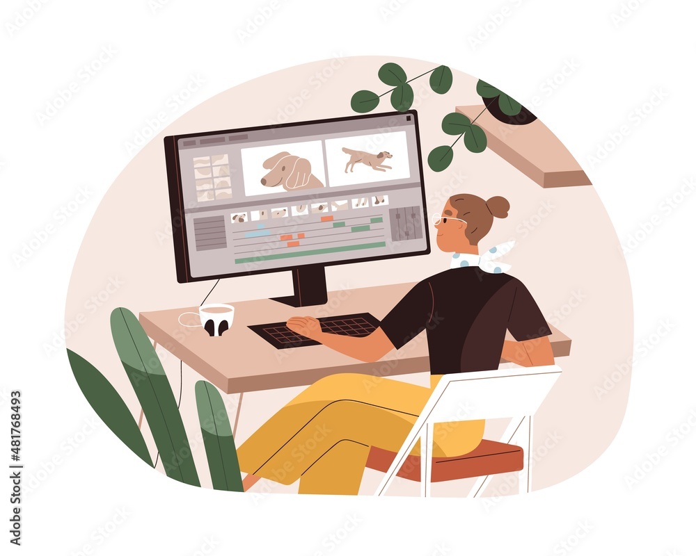 Fototapete Motion graphic designer work at computer, creating animation design. Digital creator working at desktop screen. Video editor woman at PC desk. Flat vector illustration isolated on white background