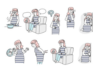 妊娠中の女性に関する様々な問題やシーン　コミカルな手書きの人物　ベクター、線画にシンプルな色つけ　