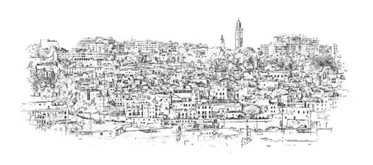 Panoramic view of the old town of Tangier, Morocco, ink sketch illustration, white background.