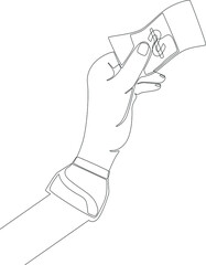 Simple line drawing of image of a hand preparing money to pay for an order. Vector illustration. Delivery.