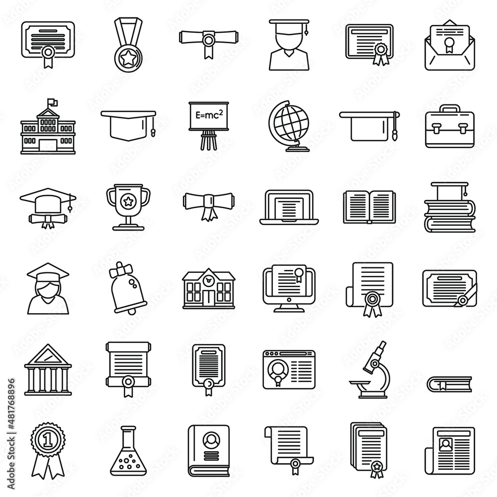 Sticker degree icons set outline vector. academic bachelor