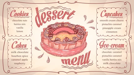 Fotobehang Dessert menu list template with cupcakes, cakes, ice-cream and cookies lettering © LP Design
