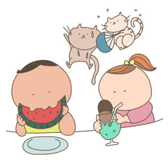 暑い日にスイカと食べる兄とクリームソーダを飲む妹