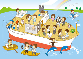 虹がかかる船の上で、いろいろな夢を見る人物たち。
メイクをしている女性、勉強やパソコンをする高校生、絵を描く女の子、釣りをする男性、スポーツトレーナー、飛行機に乗ったスチュワーデス、ドルフィントレーナー、居眠りをしたりゲームをしたりする男の子、先生に相談する親子のベクターイラスト。