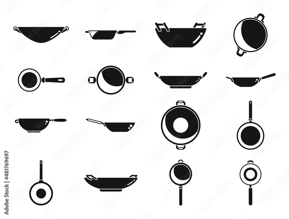 Poster wok frying pan icons set simple vector. meat tools
