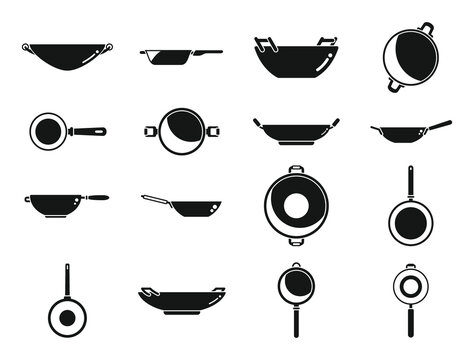 Wok frying pan icons set simple vector. Meat tools