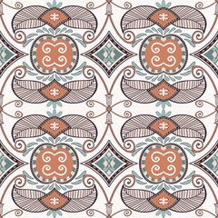 Illustration brown-green colorful ethnic aztec persian floral hand drawing shape seamless pattern background. Use for fabric, textile, interior decoration elements, upholstery, wrapping.