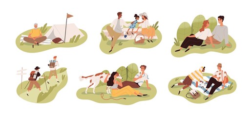 Fototapeta premium Happy people relax in nature set. Families, couples and friends outdoors on summer holidays. Men and women hiking, camping and resting on picnic. Flat vector illustrations isolated on white background