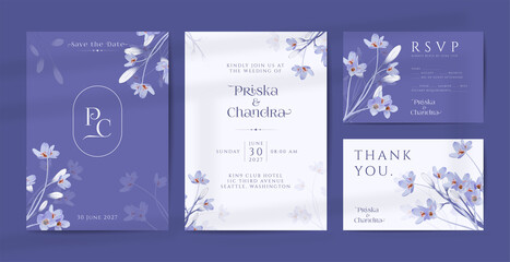 Beautiful very peri purple wedding invitation with watercolor flower ornaments
