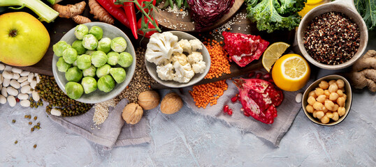 Plant based diet on gray background.