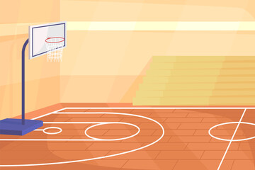 School gym flat color vector illustration. Gymnasium with parquet floor for sports games. Space for exercising. Basketball court 2D cartoon interior with stadium benches on background - obrazy, fototapety, plakaty
