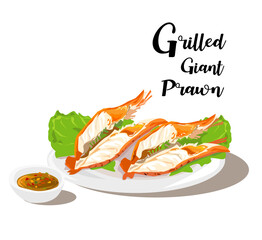 Grilled fresh giant river prawn with seafood spicy sauce on white background. Thai traditional food, Vector illustration.