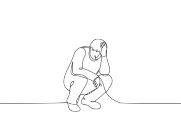 man squatting clutching head - one line drawing vector. concept of despair, suffering, unhappiness, depression - obrazy, fototapety, plakaty