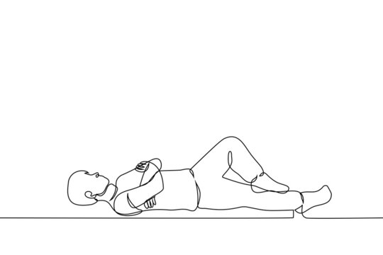 recommend clip art: man lying on his back arms crossed one leg bent - one line drawing vector. concept of rest, procrastination, antiwork