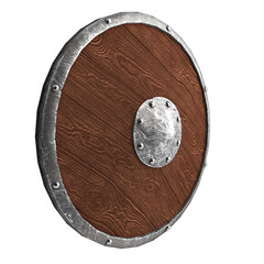 Wooden medieval round shield isolated on white background 3d illustration