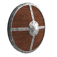 Wooden medieval round shield isolated on white background 3d illustration