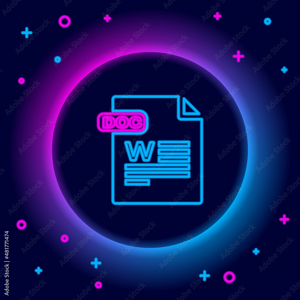 Poster glowing neon line doc file document. download doc button icon isolated on black background. doc file