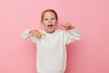 Portrait of happy smiling child girl gesture hands emotions grimace isolated background