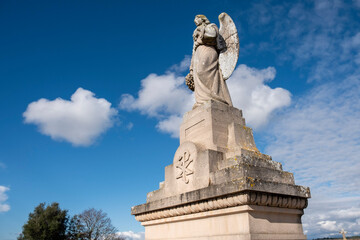 Obraz premium winged angel on funeral edicle, Llucmajor cemetery, Mallorca, Balearic Islands, Spain