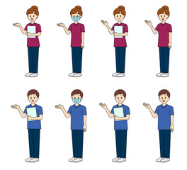 案内をしているポーズの医療従事者の男女セット