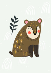 Cute scandi poster with bear . Simple and minimal design - 481772457