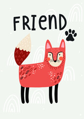 Cute scandi poster with fox . Simple and minimal design - 481772458