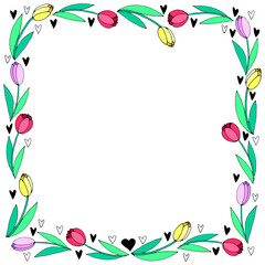 Vector square frame, wreath from red, pink, yellow tulips and hearts. Spring flowers. Bright background, border, decoration for greeting card, invitation, Valentine's, Women's or Mother day.