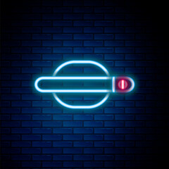 Glowing neon line Car door handle icon isolated on brick wall background. Colorful outline concept. Vector