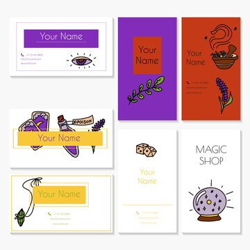 Magic hand drawn doodle business cards. Vector icons of magic items. Collection halloween elements. Magic broom, potions, fortune-telling cards, runes, books, magic wand, hourglass. Magic shop, show