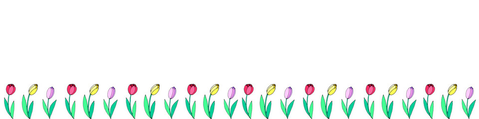 Row of red, pink, yellow tulip flowers. Vector hand drawn spring background isolated. Horizontal bottom edging, border, decoration for greeting card, invitation, Valentine's, Women's or Mother day.