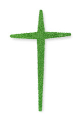 Christian cross made of green grass isolated on white background