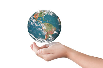Hand holding Globe, Earth isolated on white background. Elements of this image furnished by NASA
