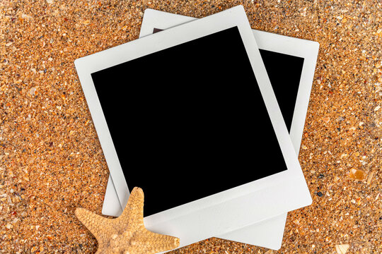 Two polaroid photos with starfish on the beach background, concept of beach memories